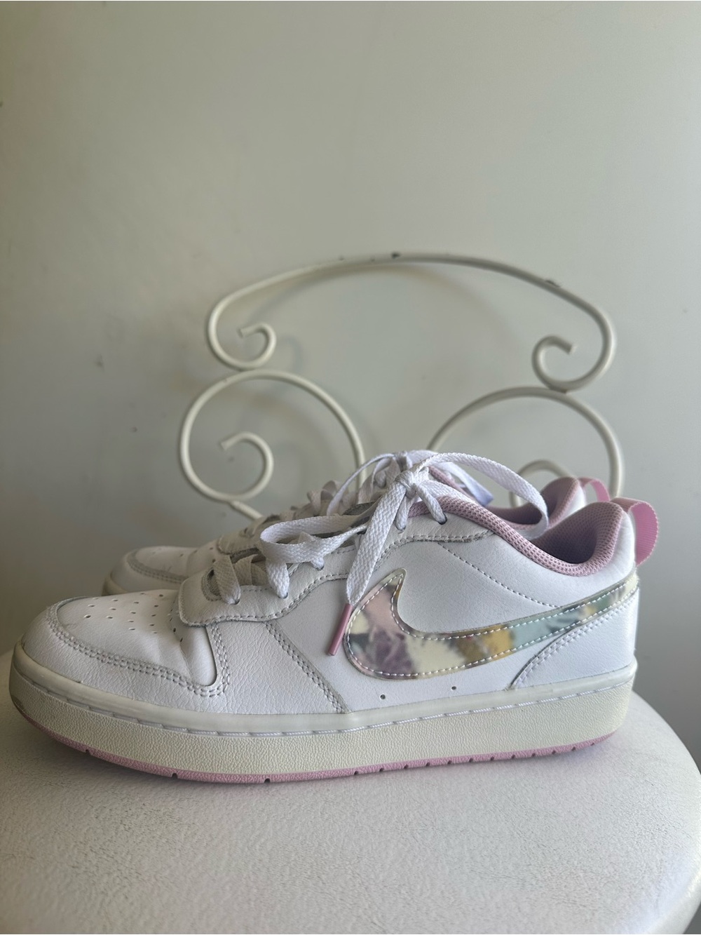 Nike Kids White Sneakers with Iridescent Swoosh and Pink Lining